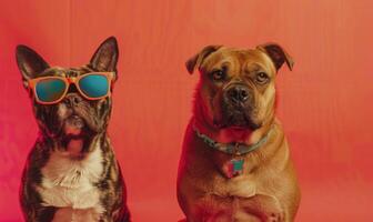 AI generated two french bulldog wearing sunglasses on gradient background in neon light. photo