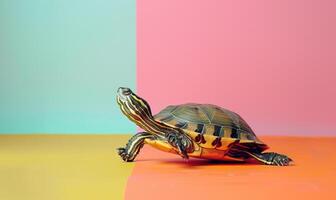 AI generated turtle on colorful background with space for text photo