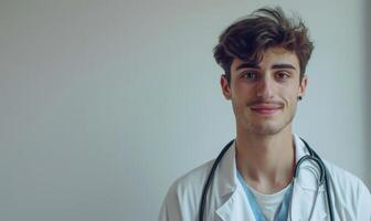 ai generado retrato de joven masculino médico con estetoscopio en blanco antecedentes foto