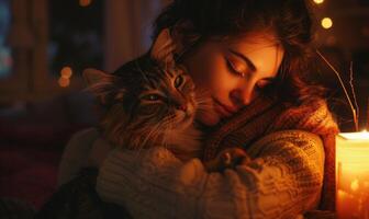 AI generated Beautiful young woman sleeping with her cat. Close-up. photo