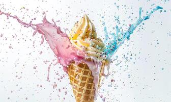 AI generated Ice cream cone explosion on white background photo