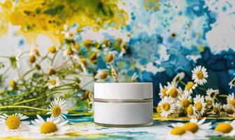 AI generated Cosmetic jar blank mockup placed on a serene watercolor chamomile background photo