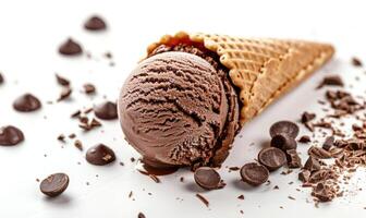 AI generated Chocolate ice cream cone on white background. photo