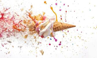 AI generated Ice cream cone explosion on white background photo