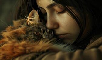ai generado hermosa joven mujer dormido con su gato. de cerca. foto