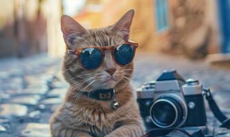 ai generado linda jengibre gato en Gafas de sol con un cámara en el calle. foto