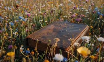 AI generated Old book lying on a grassy knoll surrounded by wildflowers photo