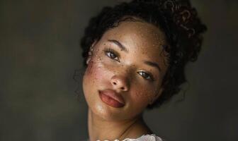 ai generado retrato de un hermosa africano americano mujer con Rizado pelo y maquillaje foto