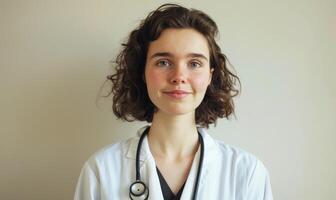 ai generado retrato de joven hembra médico con estetoscopio en su cuello. foto