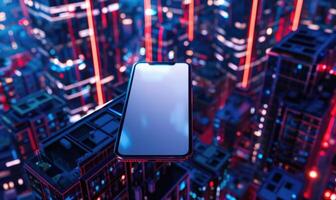 AI generated Smartphone mockup with a blank screen on a vibrant cityscape background photo