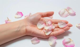 AI generated Woman's hand on white background with flower petals around photo