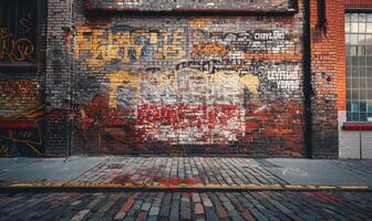 AI generated Graffiti on a brick wall as an abstract background. Texture. photo