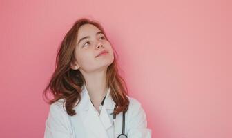 AI generated Young girl in a white medical coat against pink wall. Medicine education. Profession. photo