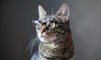 ai generado retrato de un atigrado gato con lentes en un gris antecedentes foto