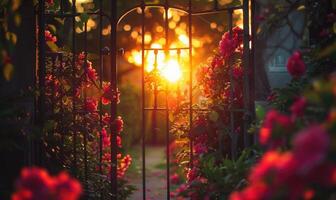 AI generated Garden gate at sunset with red roses and sun in the sky photo