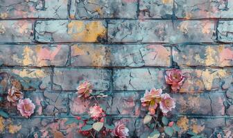 AI generated Pink roses on old white brick wall background with grunge texture. Copy space for text. photo