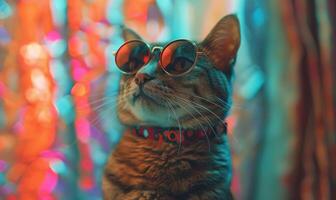 ai generado retrato de un gato en Gafas de sol en un antecedentes de vistoso guirnaldas foto