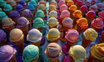 AI generated Colorful assortment of ice cream cones on the shop showcase. Colorful ice cream background photo