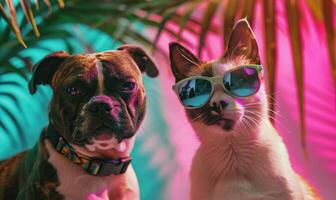 AI generated Cute cat and dog with sunglasses on the background of palm leaves with neon light photo