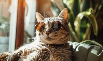 AI generated Cute cat wearing sunglasses on chair at home, closeup. Space for text photo