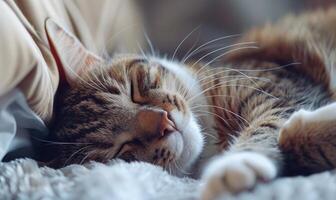 ai generado linda atigrado gato dormido en cama a hogar, de cerca foto