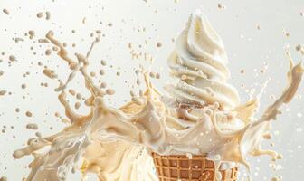 AI generated Ice cream cone explosion on white background photo