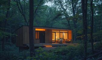 AI generated Twilight casting a warm glow on the exterior of a modern wooden cabin amidst the vibrant colors of a spring garden bursting with flowers and foliage photo