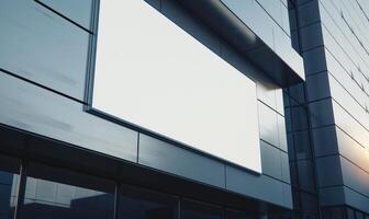 ai generado blanco pantalla bandera Bosquejo desplegado en el moderno edificio fachada. de cerca vista. foto