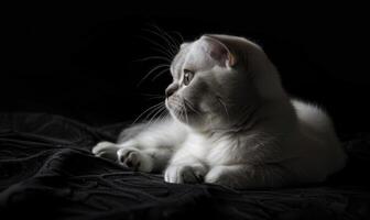 ai generado retrato de un escocés doblez gatito en un negro antecedentes foto