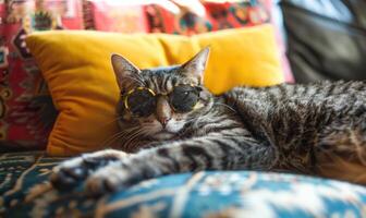 AI generated Cute tabby cat wearing sunglasses lying on bed at home. photo