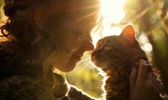 ai generado joven mujer con linda gato al aire libre en soleado día, de cerca. humano y mascota amistad foto