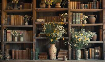 AI generated Vintage bookshelf adorned with vases of freshly picked wildflowers photo