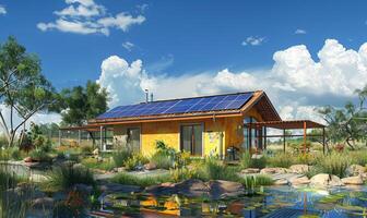 ai generado casa con solar paneles en el jardín. el concepto de renovable energía. foto