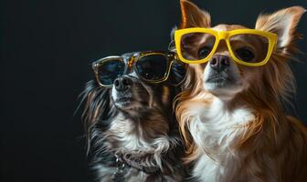 ai generado dos perros en Gafas de sol en un negro antecedentes. de cerca. foto