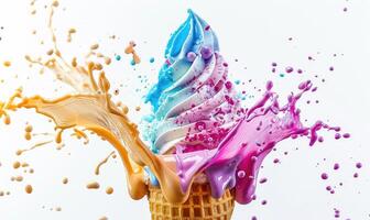 AI generated Ice cream cone explosion on white background photo