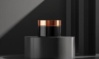 AI generated Mockup of golden cylinder on black background. Luxury podium for product presentation. photo