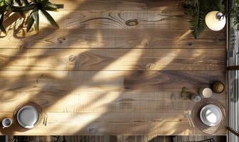 AI generated Wooden table top view with natural light and shadow from the window photo