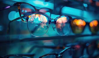 AI generated Glasses on display in a shop window, close-up. photo