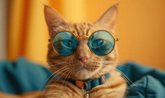 ai generado retrato de un rojo gato vistiendo azul Gafas de sol en un amarillo antecedentes foto
