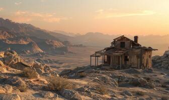 ai generado abandonado casa en el Desierto a puesta de sol. foto