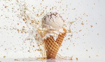 AI generated Ice cream cone explosion on white background photo