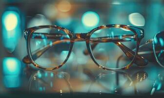 AI generated eyeglasses on the glass table with bokeh background. photo