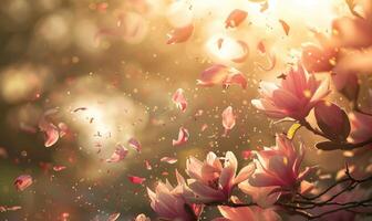 AI generated Magnolia petals gently falling from a tree in a spring breeze, nature background photo