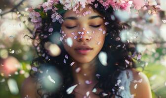 AI generated young woman in a spring flowers wreath, surrounded by floating petals or blossoms. photo