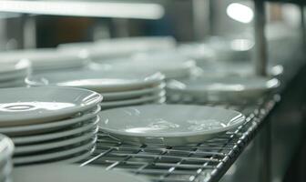 ai generado cerca arriba de limpiar blanco platos en un fila en un comida fábrica foto