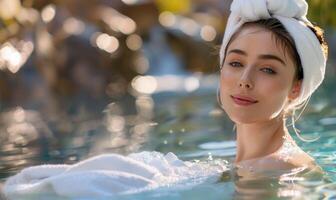 AI generated Portrait of young beautiful woman relaxing in swimming pool at spa resort photo