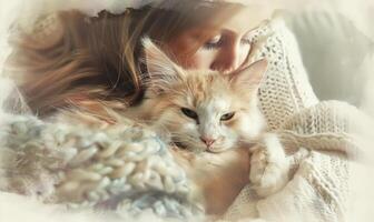 ai generado linda jengibre gato acostado en el brazos de un joven mujer. foto