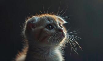 ai generado retrato de un escocés doblez gatito en un negro antecedentes foto