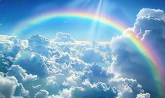 AI generated Rainbow in the blue sky with clouds and rainbow. photo