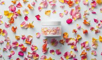 AI generated Creme jar blank mockup adorned with flower petals in various hues photo